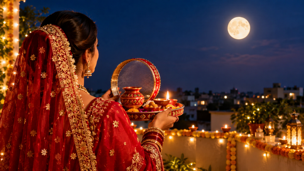 Karwa Chauth 2026 पर लाल साड़ी में चांद को छलनी से देखती महिला और पूजा की थाली